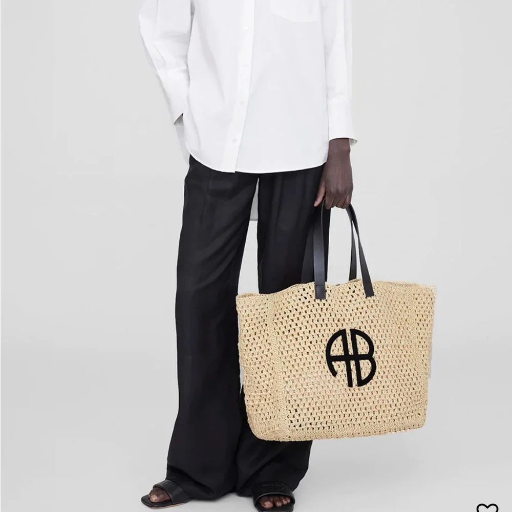 Anine Bing Natural Straw Tote with Black Logo and Handles